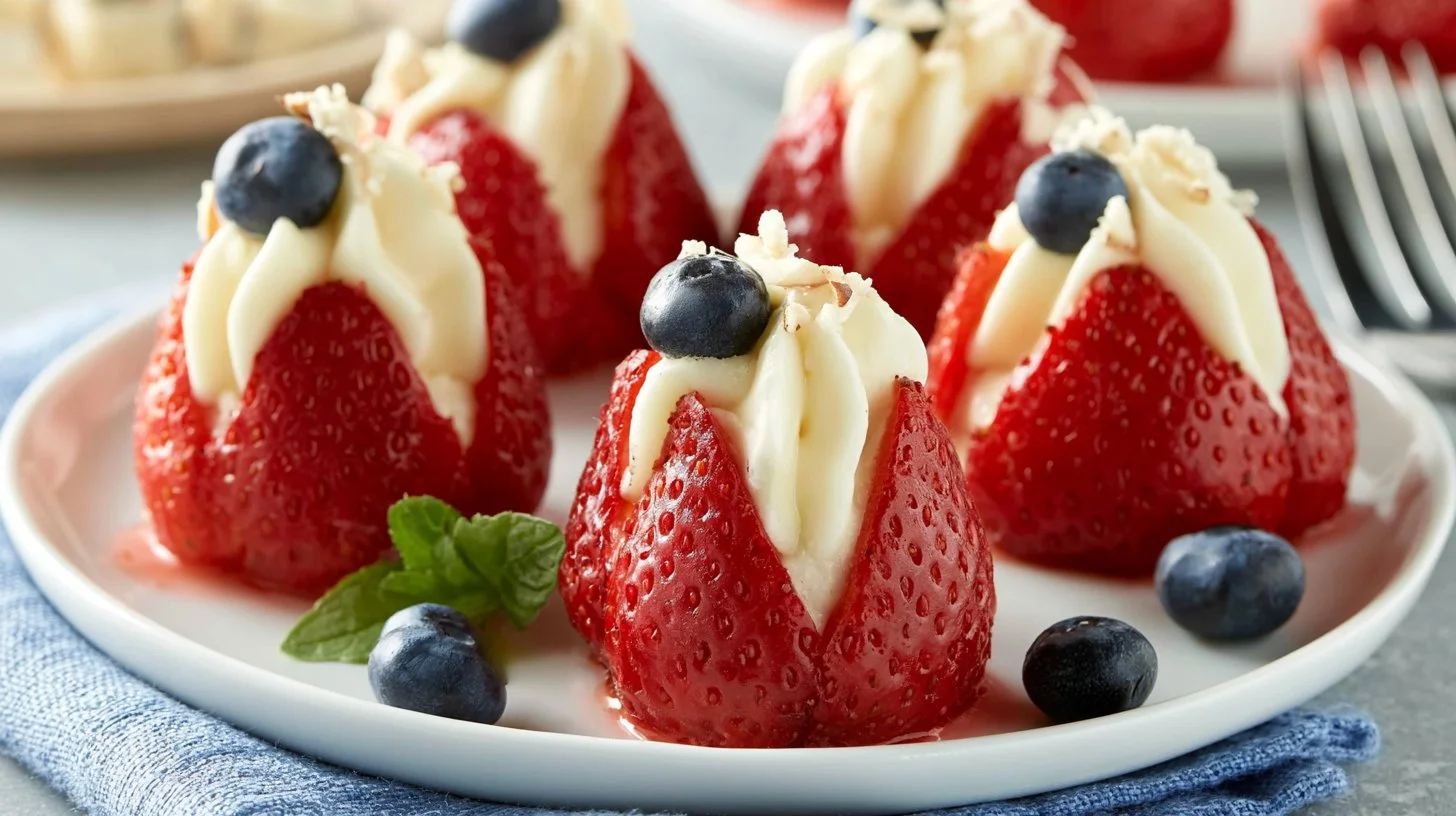 Cheesecake stuffed strawberries on a plate, topped with whip cream.