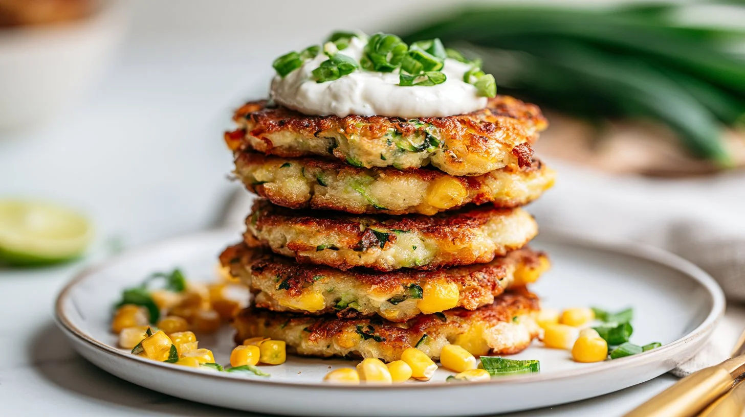 Cheesy zucchini corn fritters served on a plate
