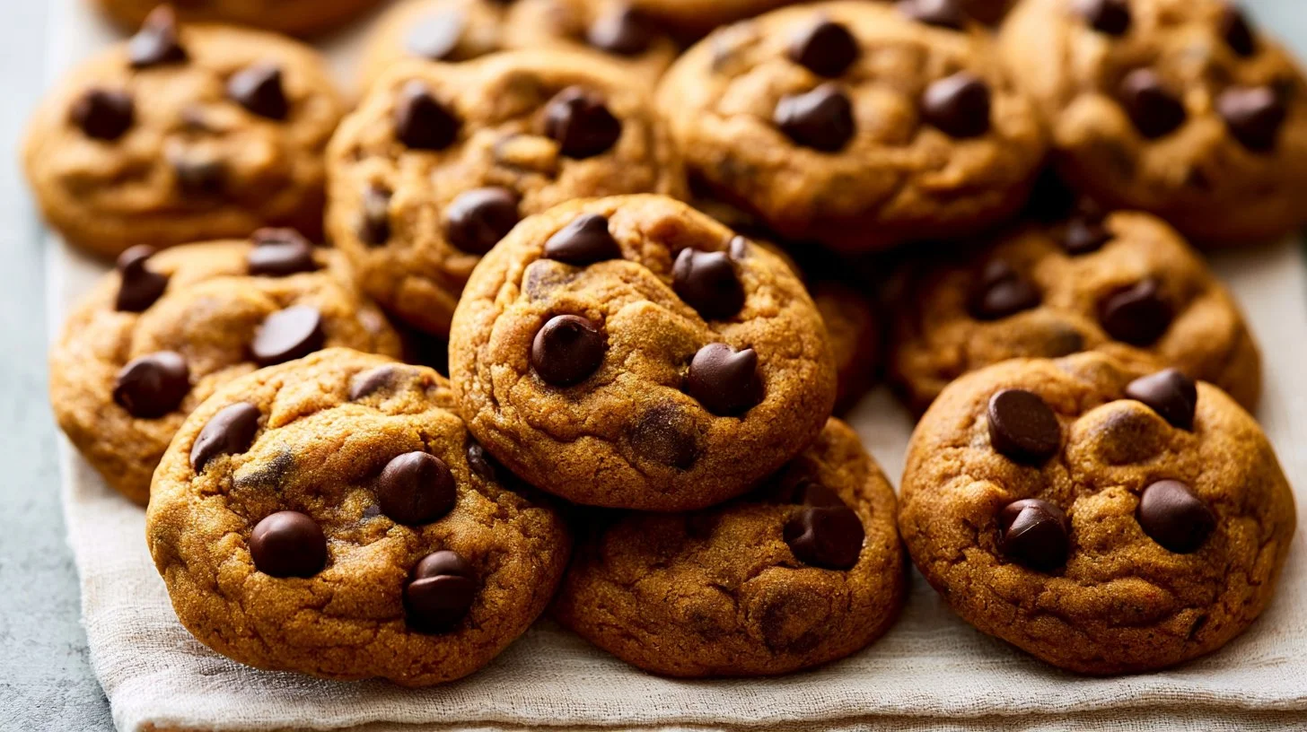 Chewy pumpkin chocolate chip cookies fresh from the oven, topped with chocolate chips