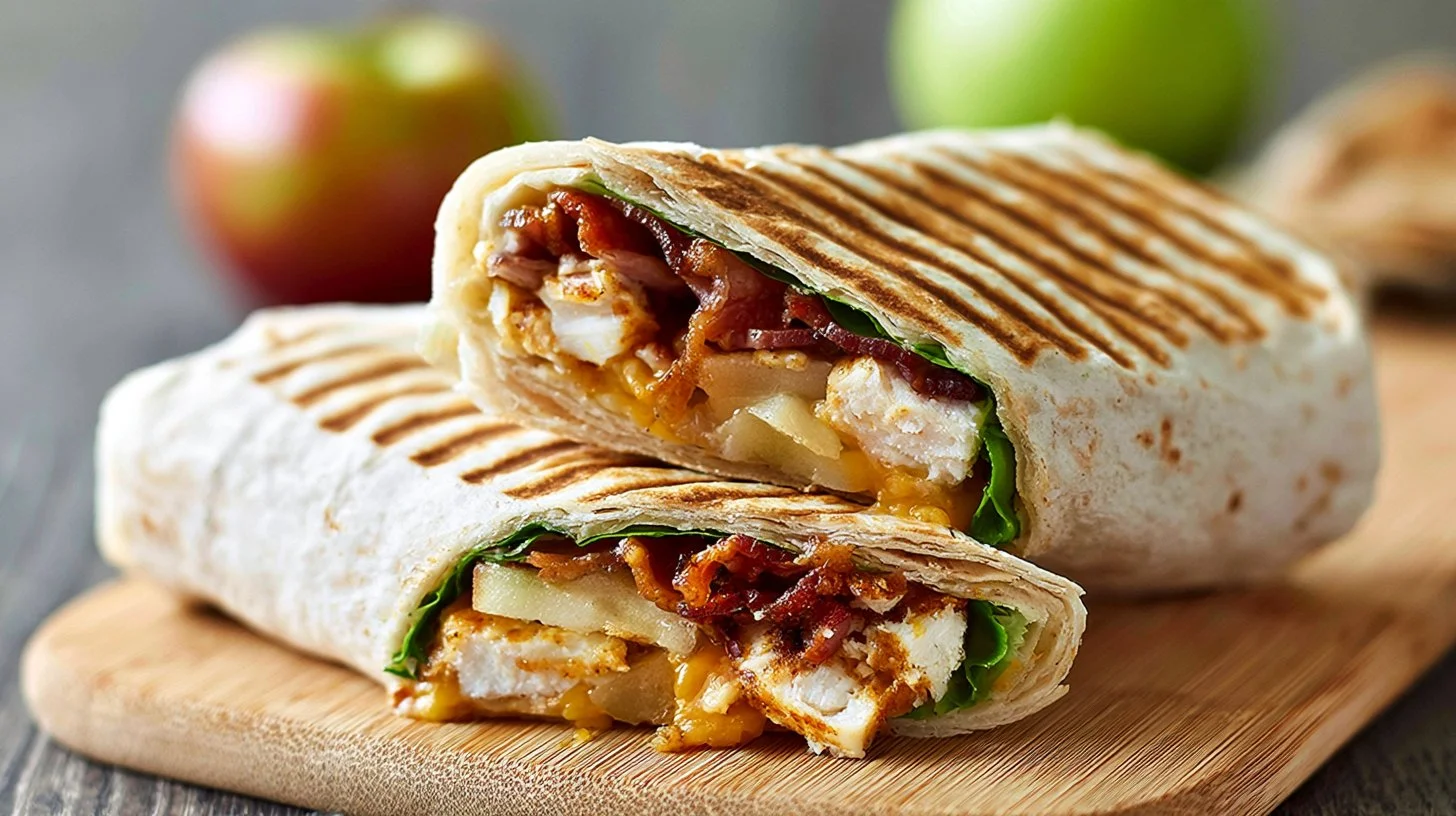 Delicious Chicken Bacon Apple Cheddar Wraps on a plate, ideal for quick weeknight meals.