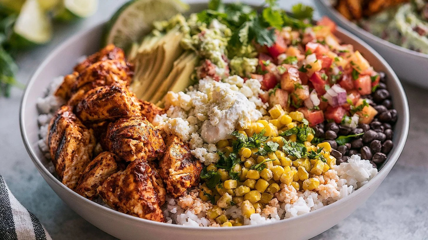 Delicious chicken burrito bowl with fresh ingredients for a quick weeknight dinner