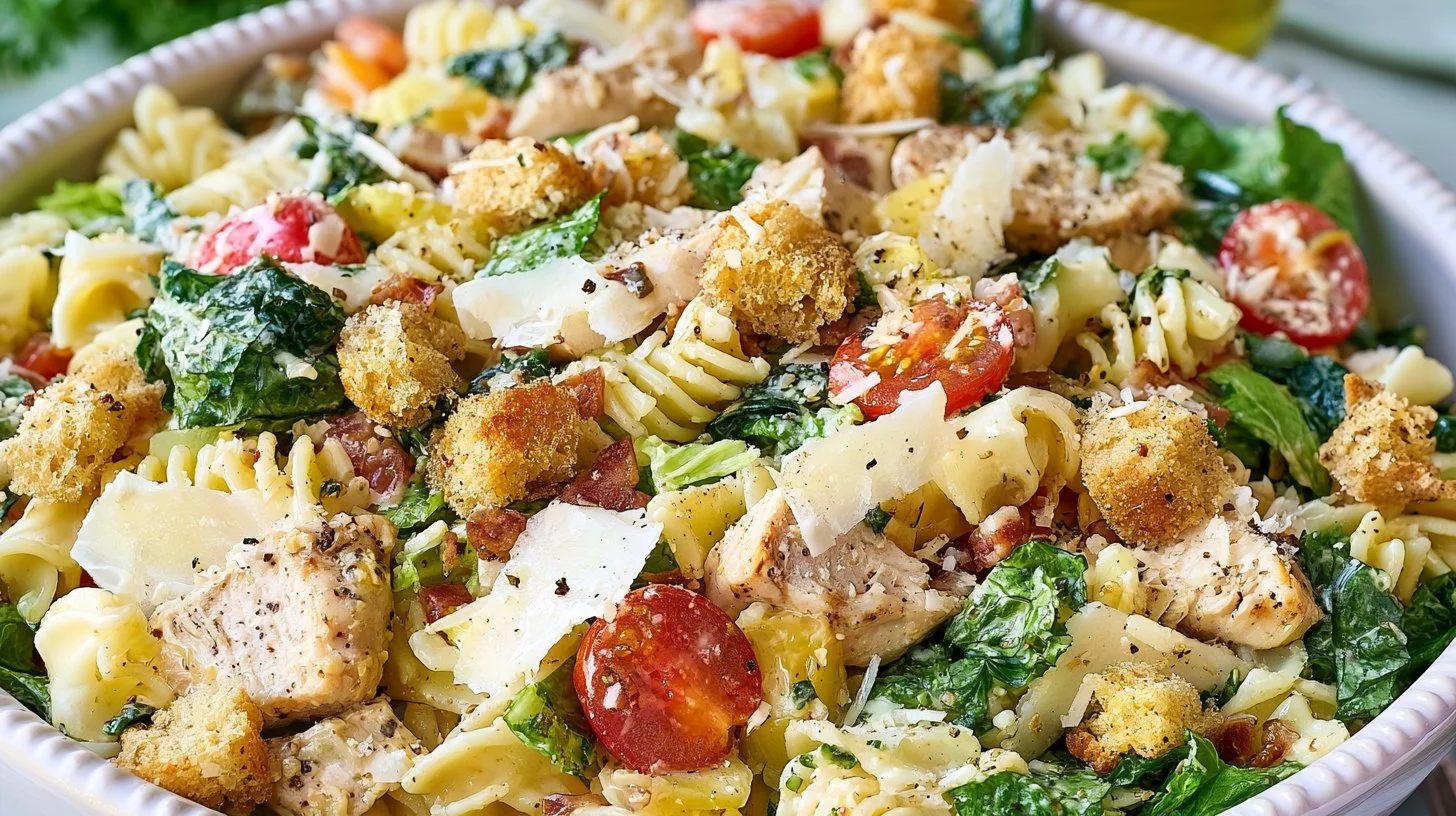 Delicious Chicken Caesar Pasta Salad served in a bowl with fresh ingredients