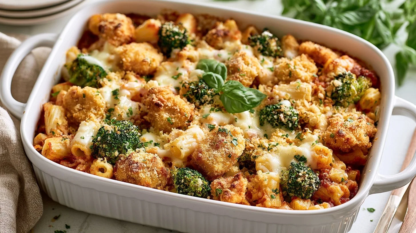 Delicious Chicken Nugget and Broccoli Rigatoni Casserole served in a dish.