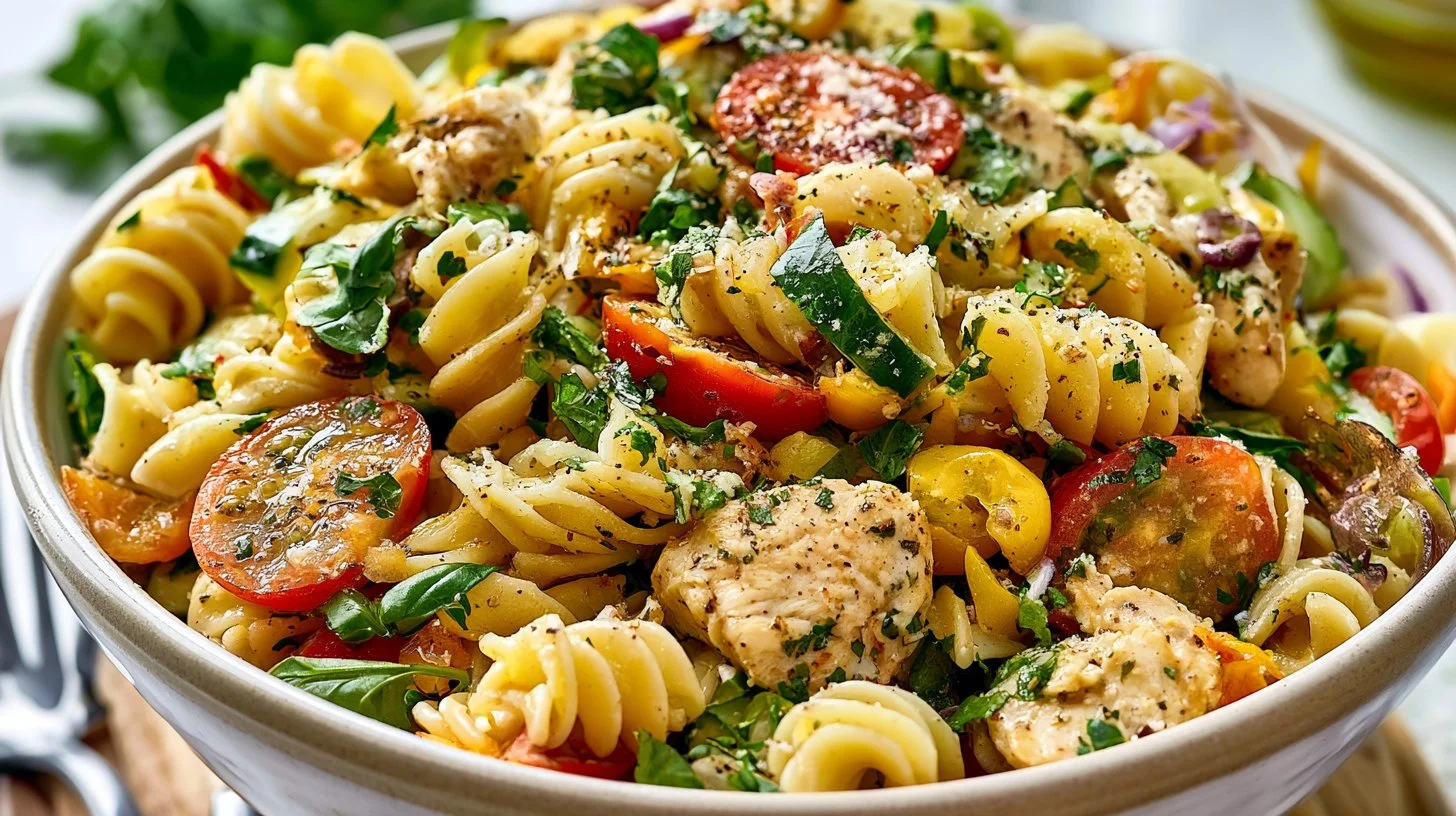 Delicious Chicken Pasta Salad served in a bowl, ideal for summer dinners