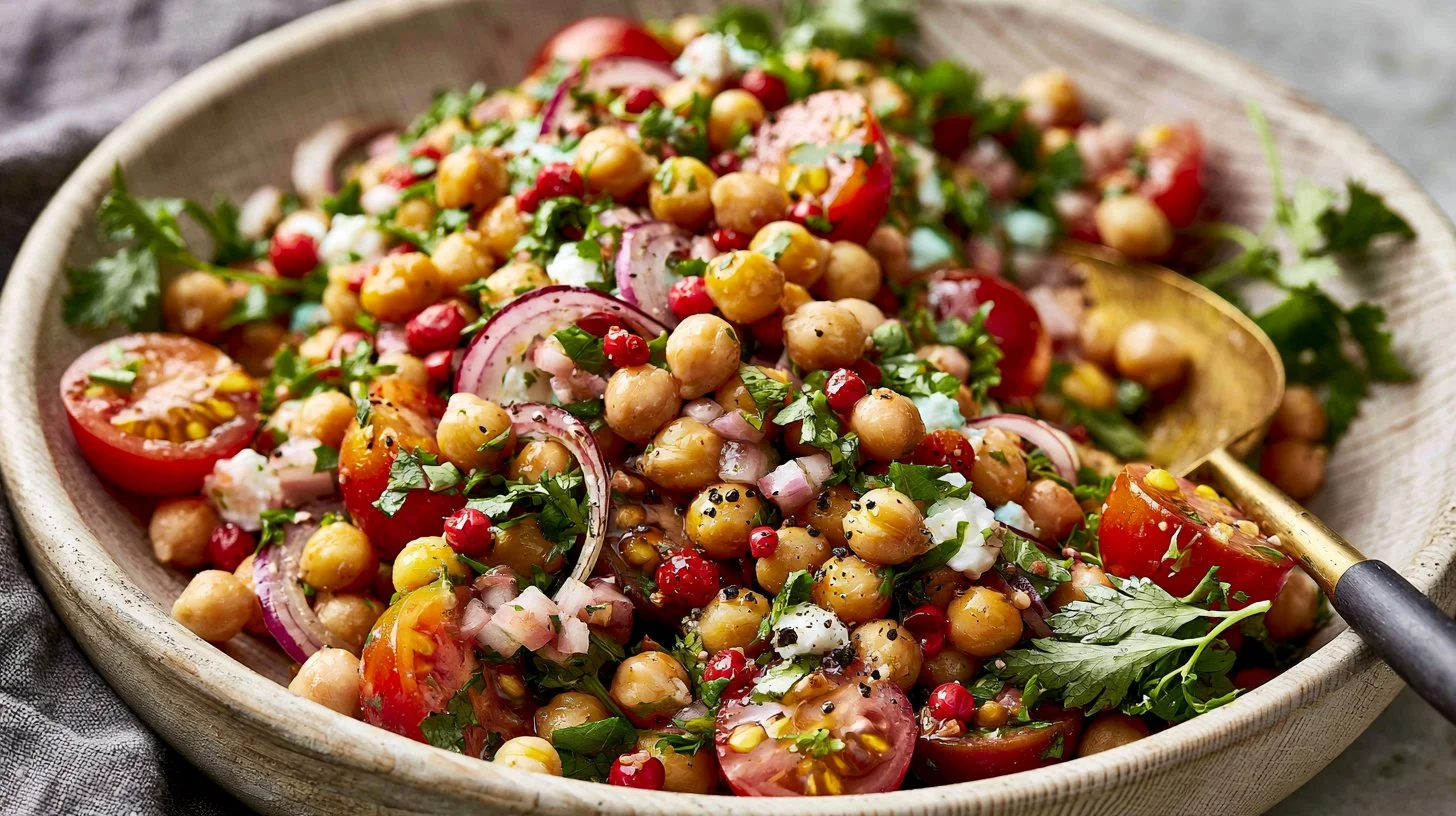 Colorful chickpea salad with fresh vegetables and herbs in a bowl