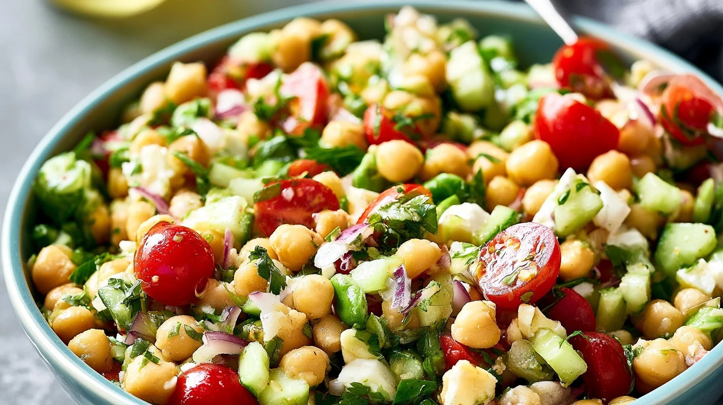 Colorful chickpea salad with fresh vegetables in a bowl.