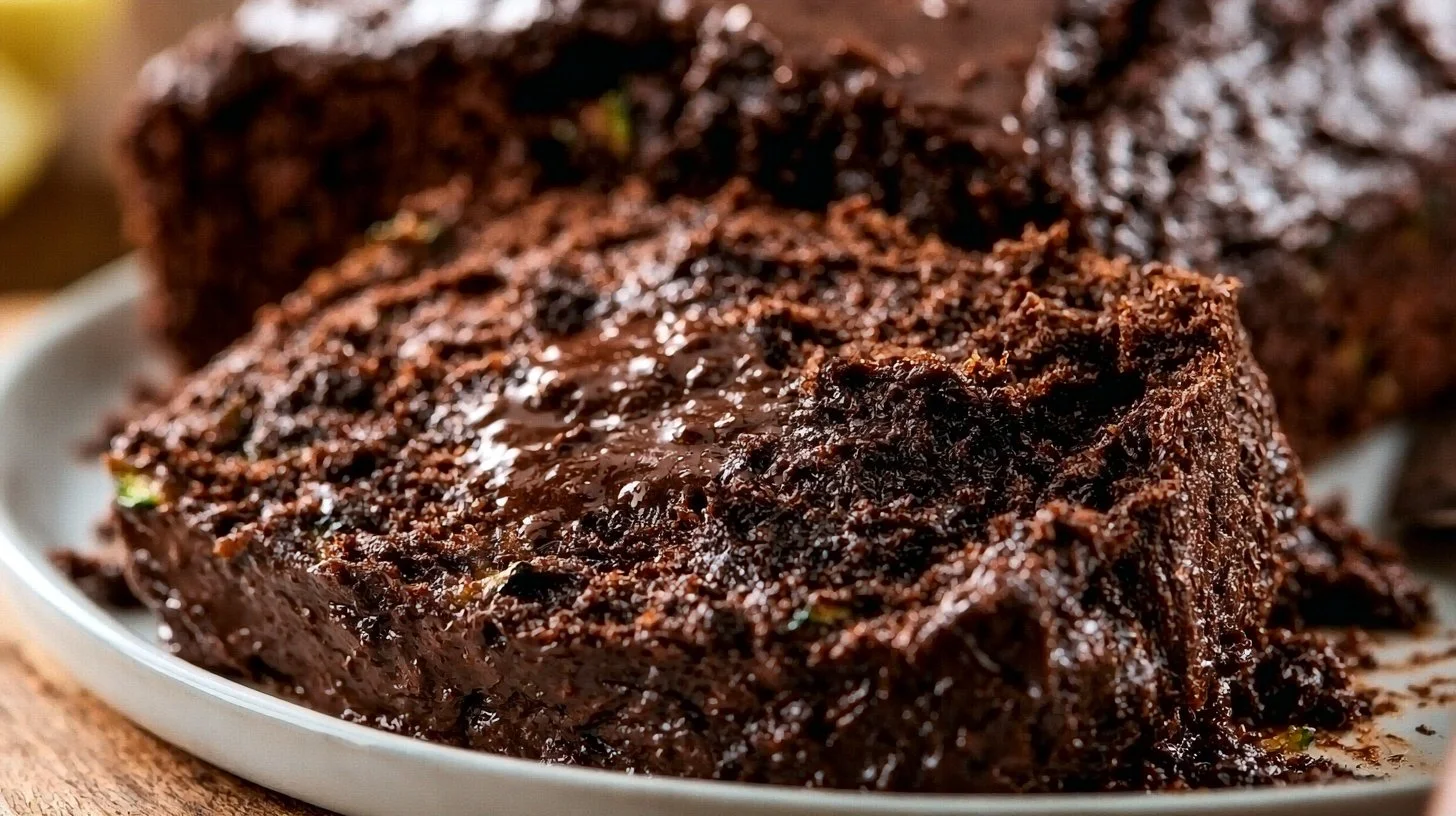 Delicious homemade chocolate zucchini bread loaf on a wooden table