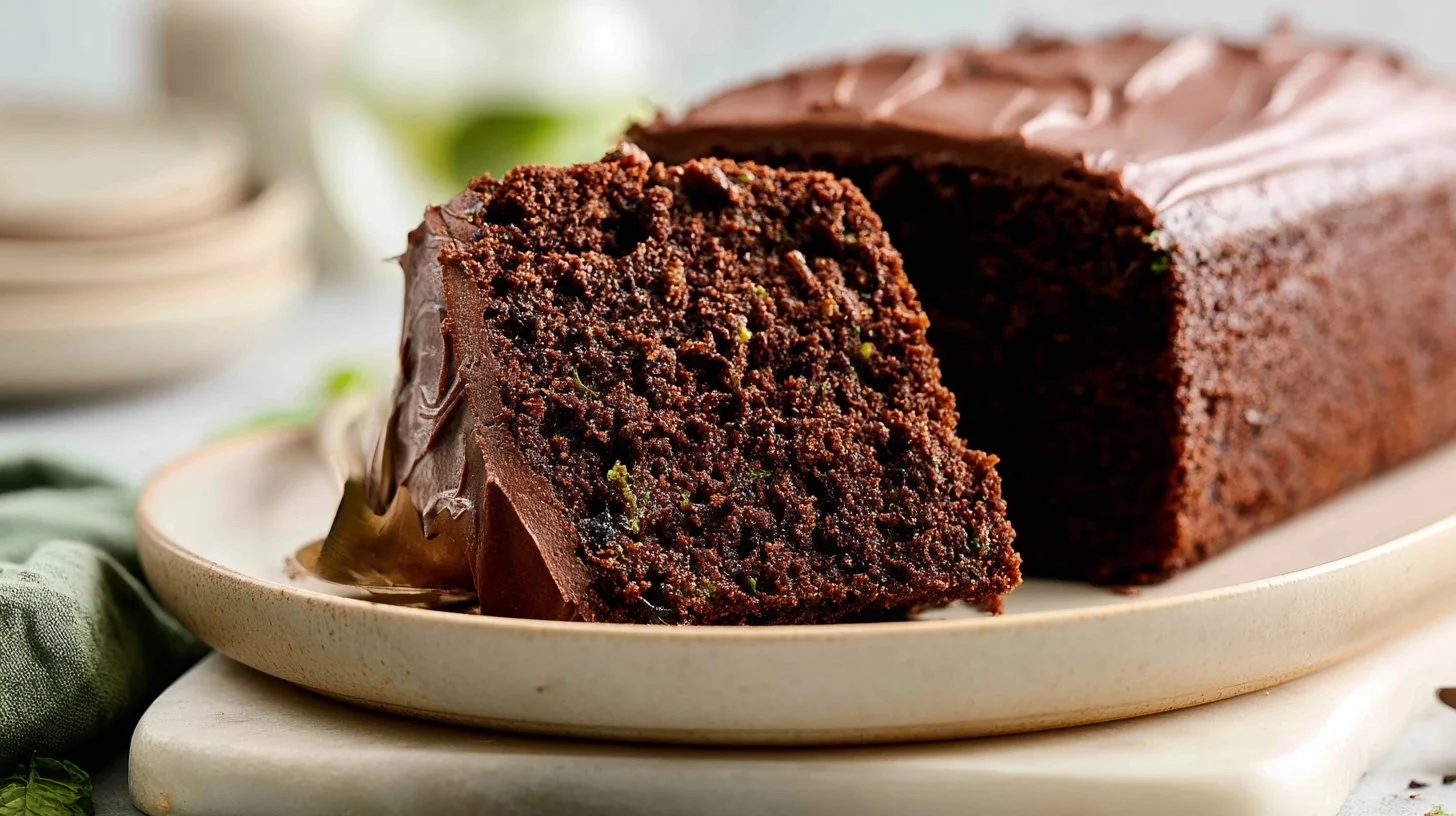 Delicious chocolate zucchini cake topped with frosting and garnished with chocolate shavings