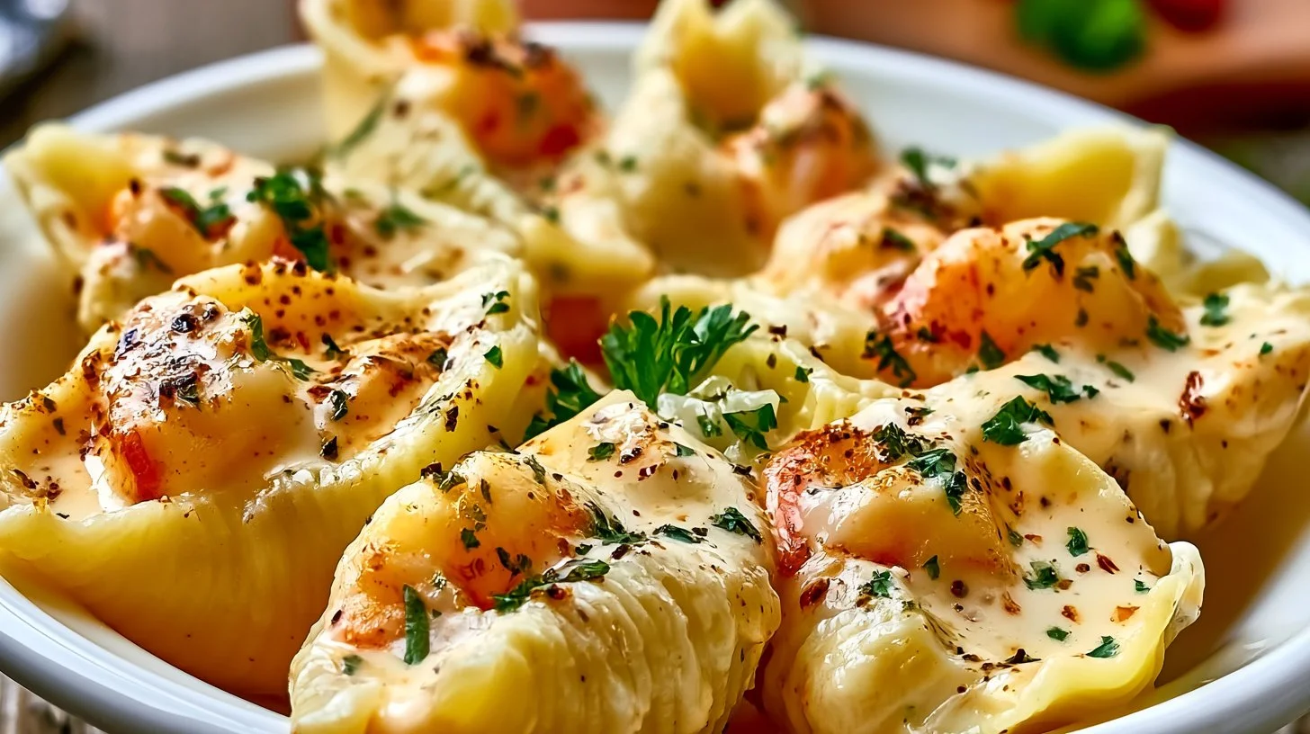 Delicious creamy seafood stuffed shells served on a plate