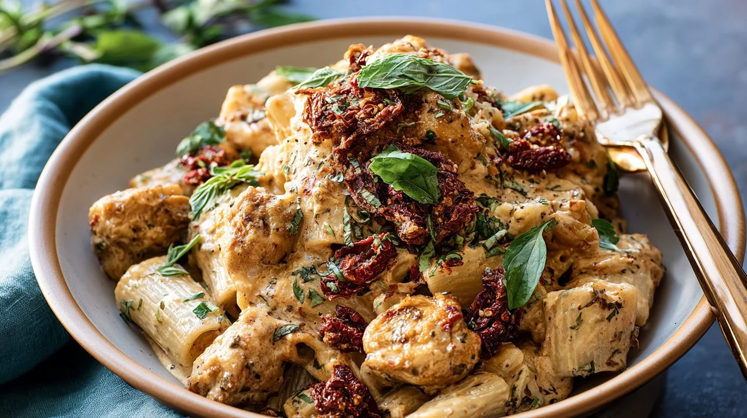 Creamy sunflower tomatoes mixed with tender chicken and pasta dish.