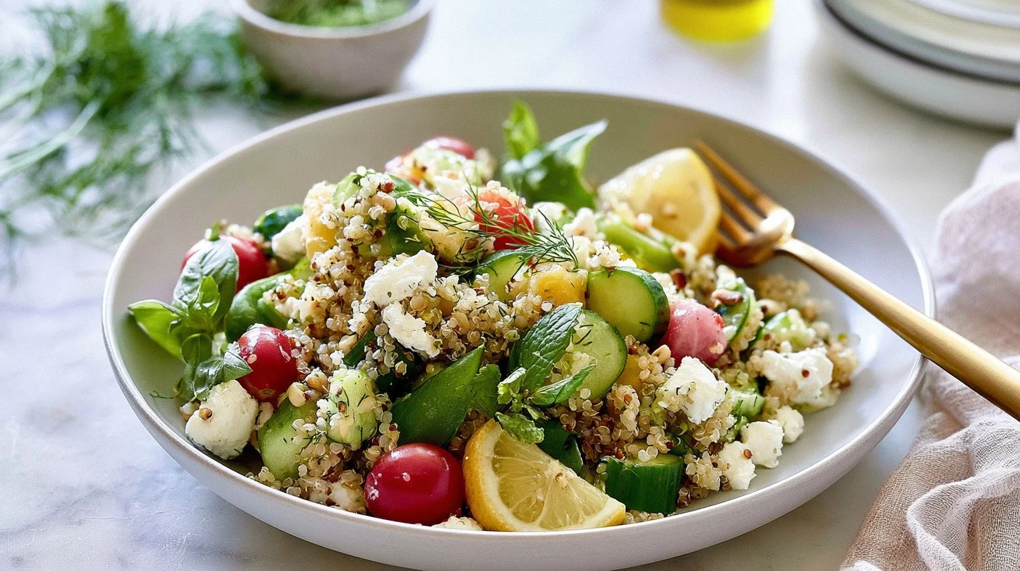 Cucumber feta quinoa salad with lemon dill dressing in a bowl