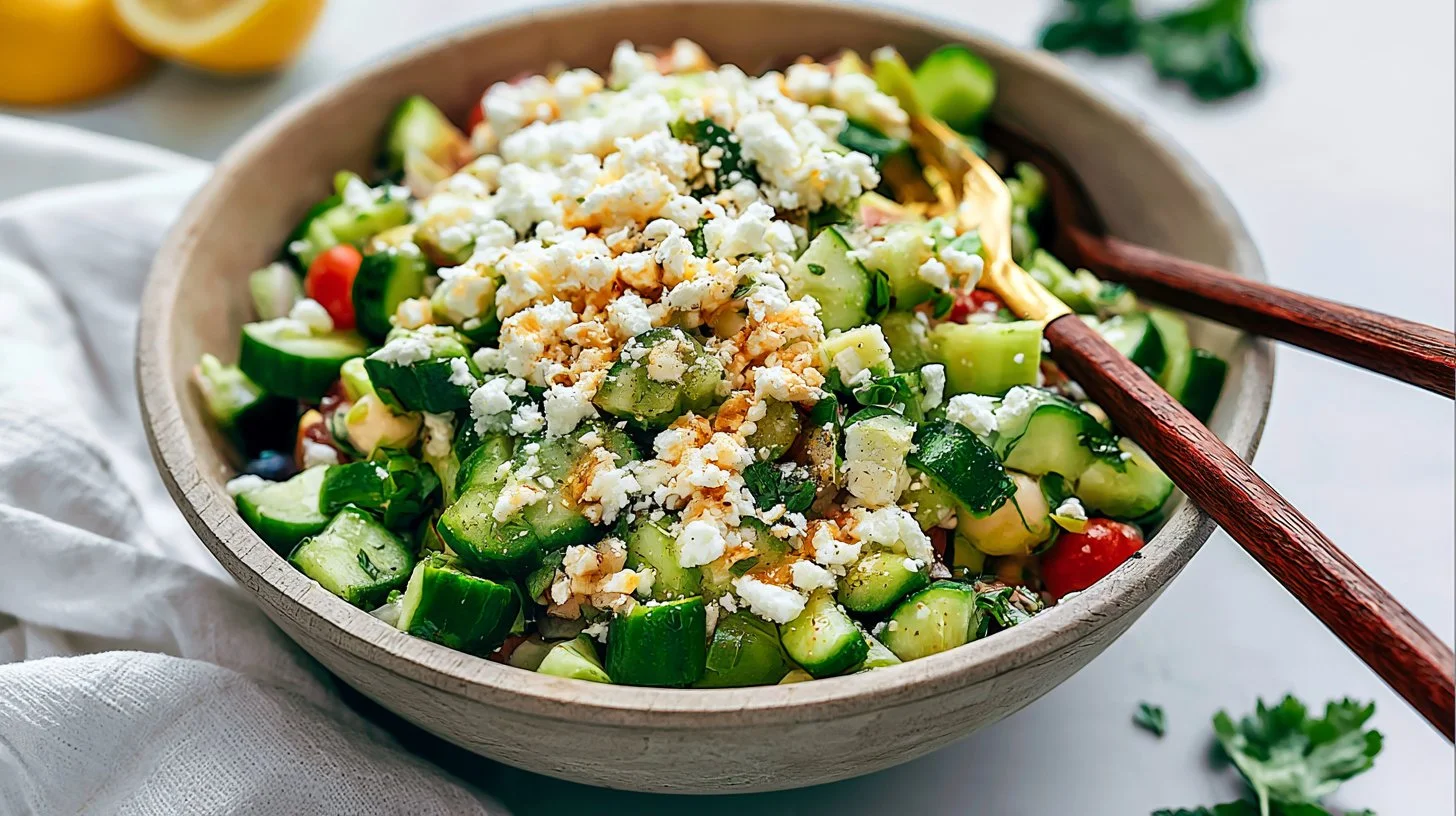 Delicious Cucumber Feta Salad with fresh cucumbers and crumbled feta cheese