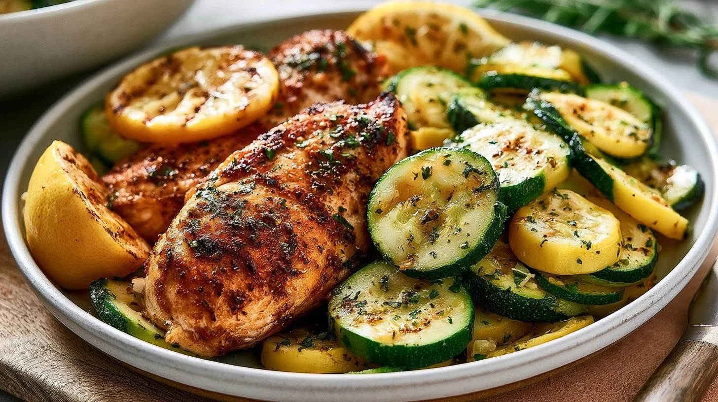 Delicious Asado Chicken served with lemon zucchini sauté on a plate