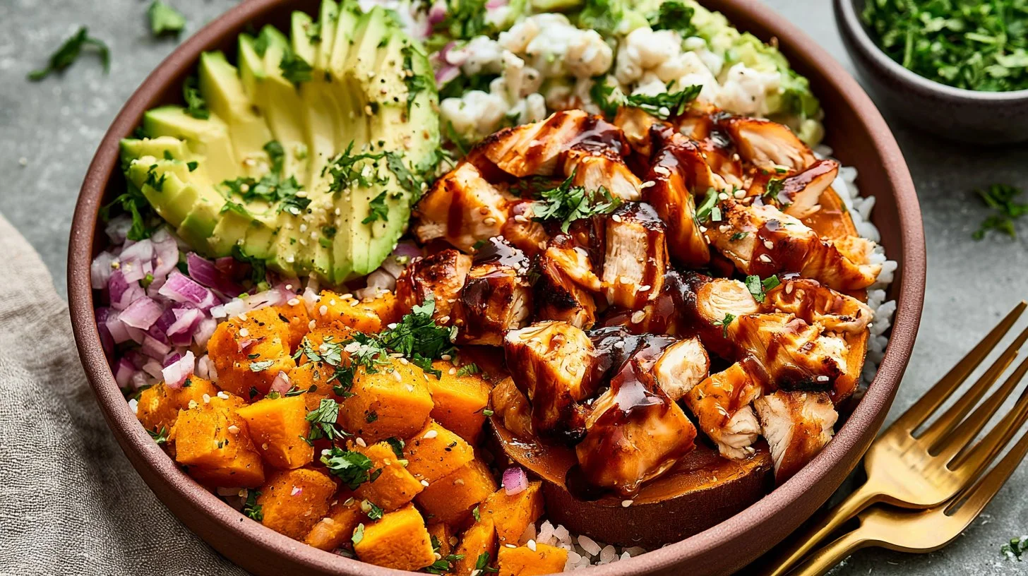 Delicious BBQ chicken sweet potato bowl topped with fresh herbs and spices