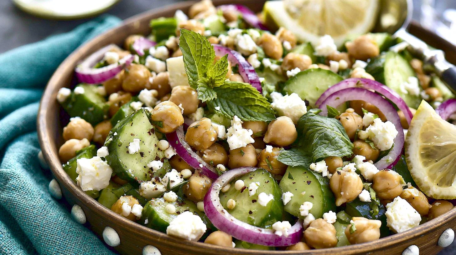 Easy chickpea cucumber feta salad served in a bowl, ideal for lunch.