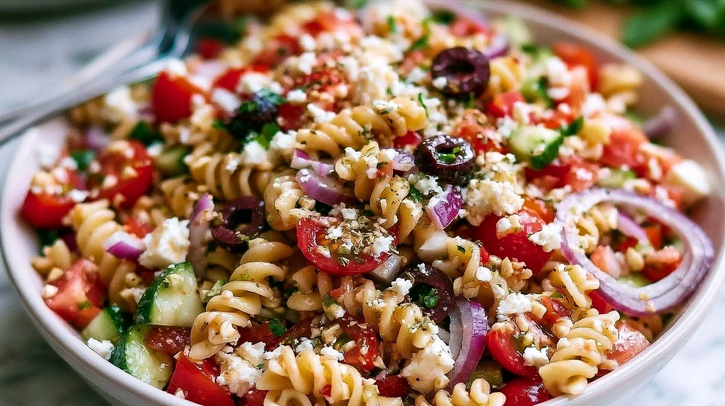 Colorful bowl of easy Greek Pasta Salad with fresh vegetables and feta cheese