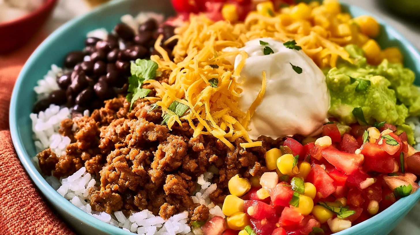 Delicious ground beef taco rice bowls ready for dinner on a table.