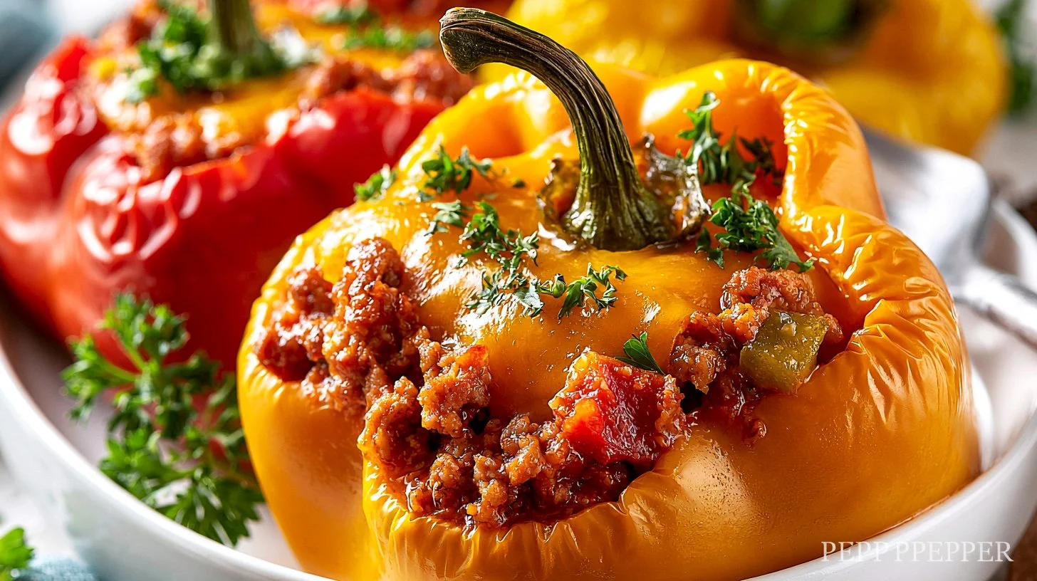 Easy ground turkey stuffed peppers served on a plate for a healthy dinner