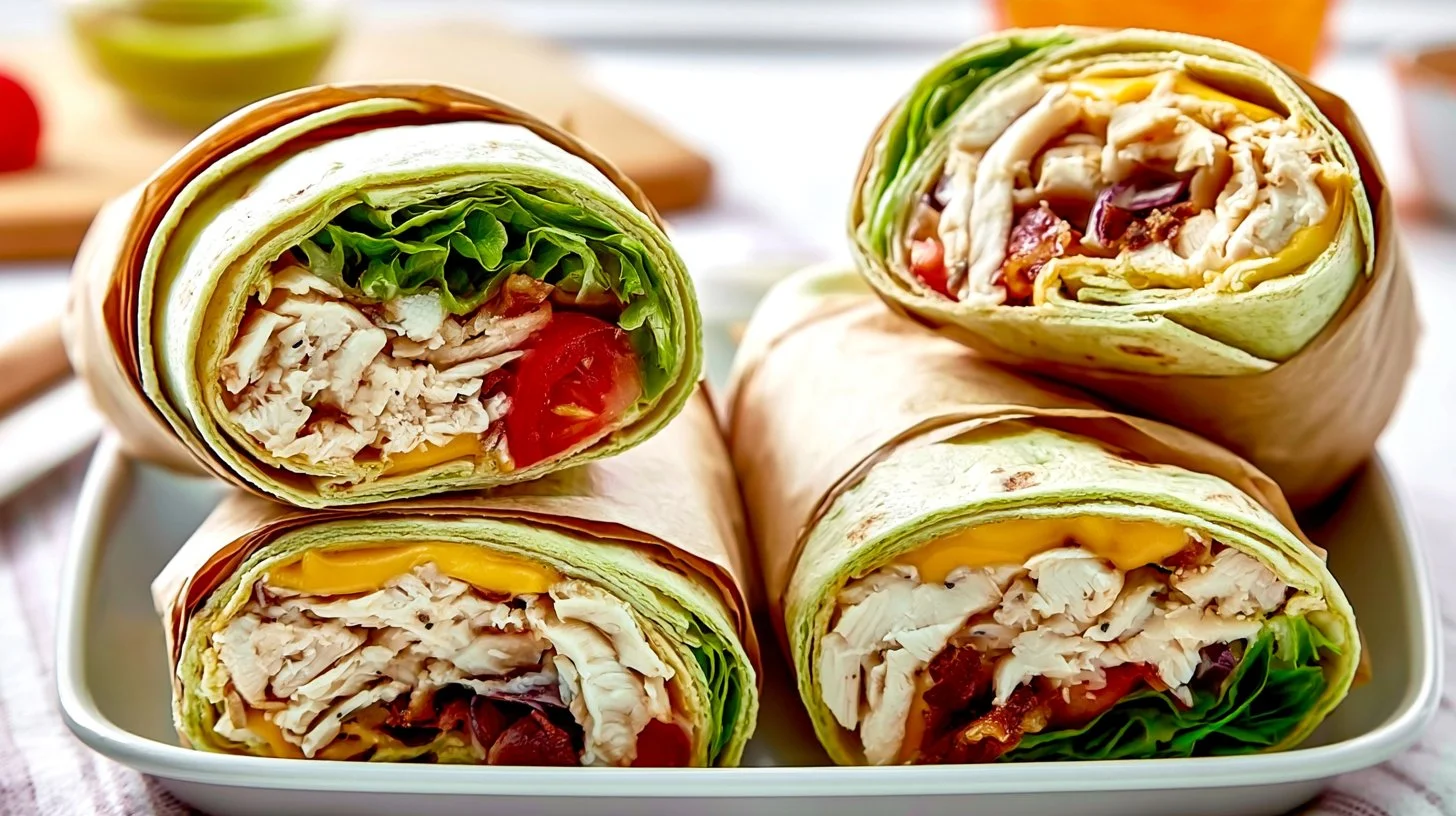 Delicious chicken sandwich wraps ready for a lunchbox meal.