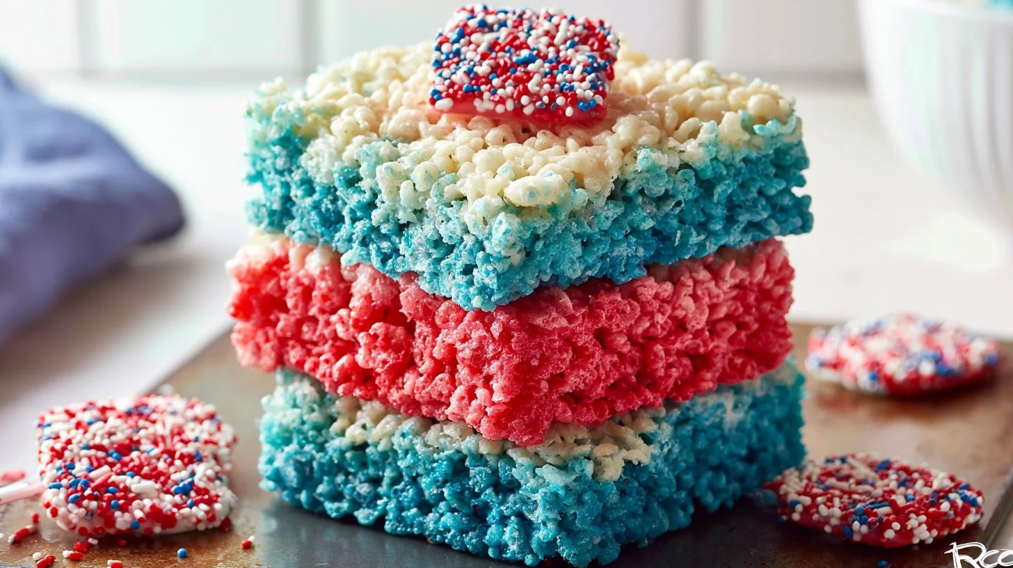 Patriotic red, white, and blue Rice Krispie Treats for summer celebrations