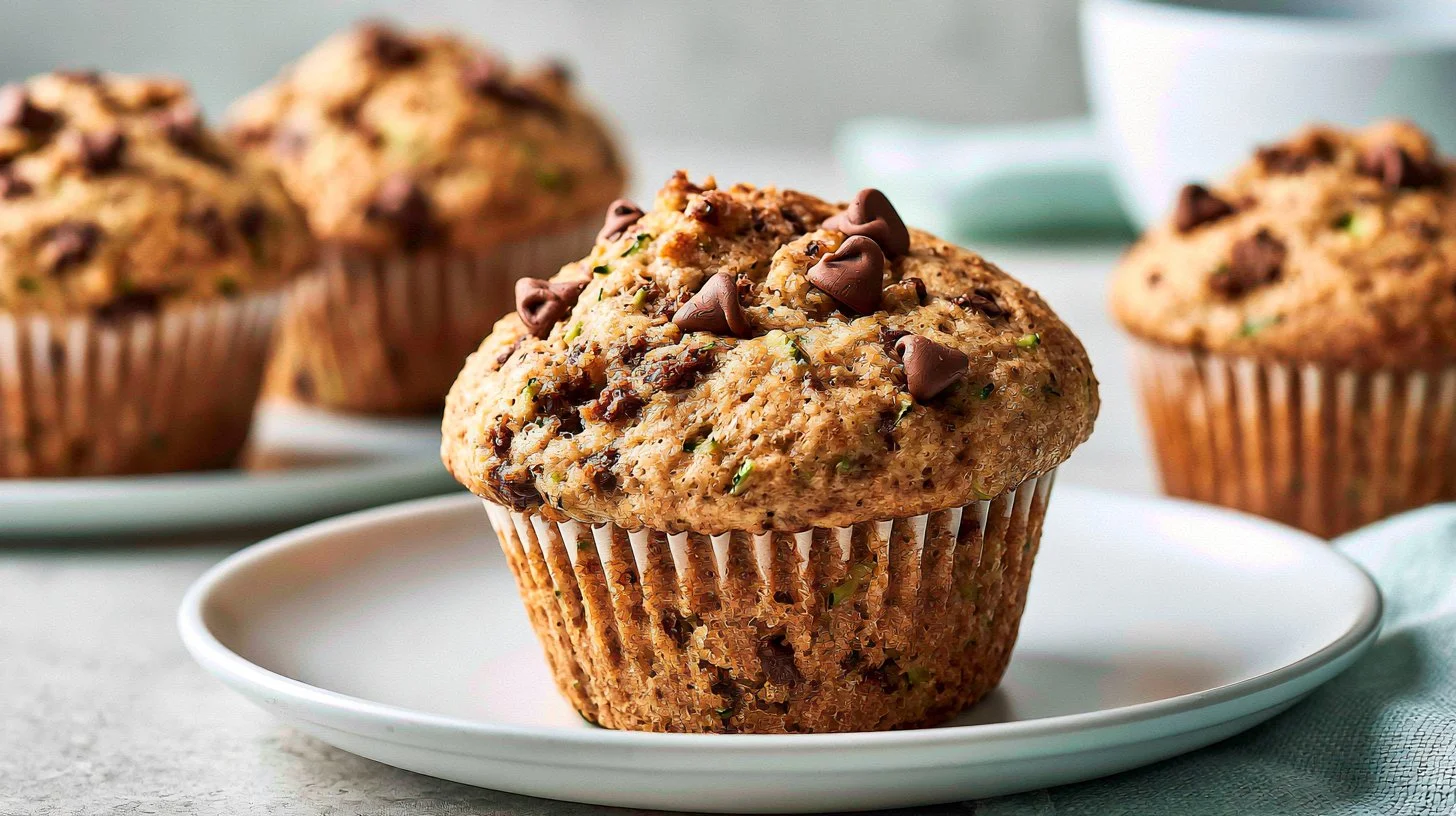 Deliciously moist zucchini chocolate chip muffins on a wooden table