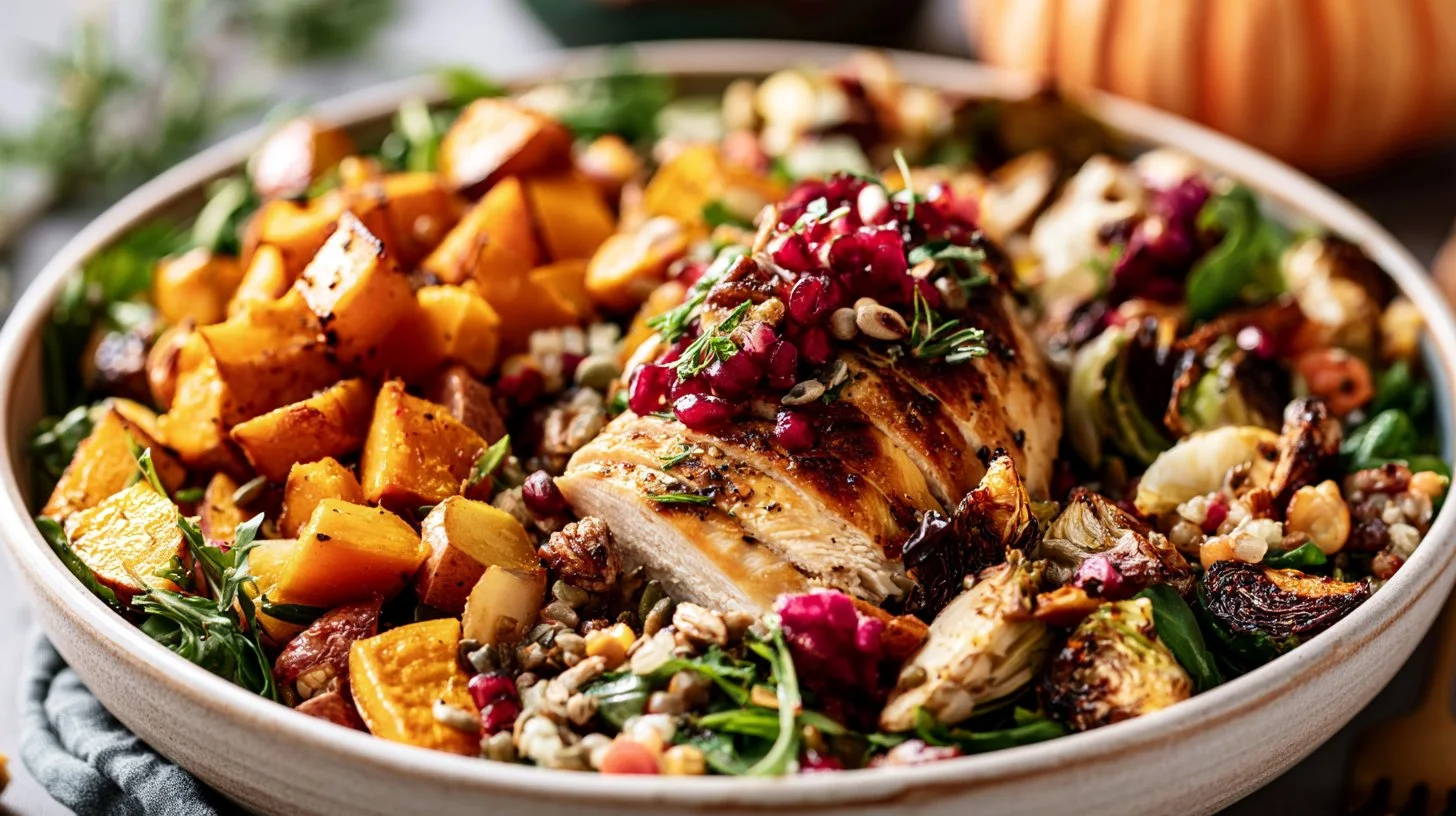 Delicious Fall Harvest Bowl with chicken and seasonal vegetables