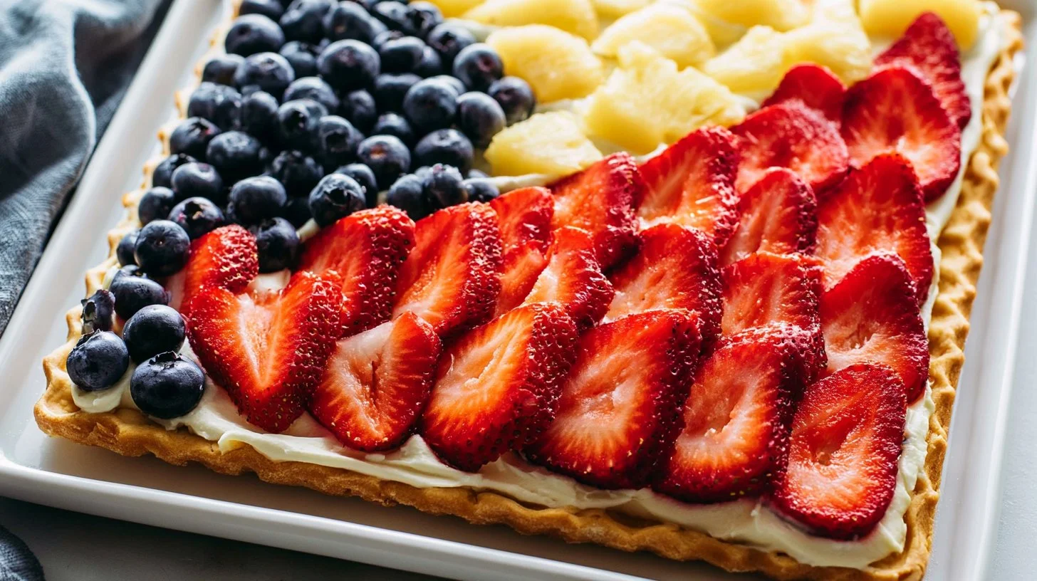 Fourth of July fruit pizza topped with fresh berries and whipped cream