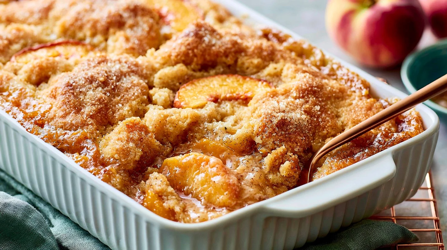 Delicious fresh peach cobbler with a golden crust and juicy peaches