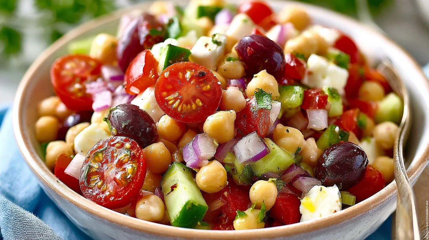 A colorful bowl of Greek Chickpea Salad with fresh vegetables and herbs.
