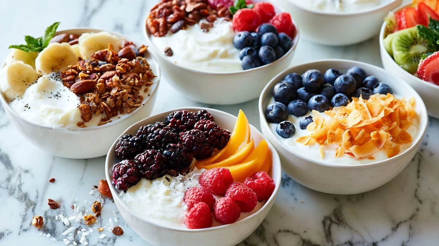Delicious Greek yogurt breakfast bowl topped with fruits and nuts
