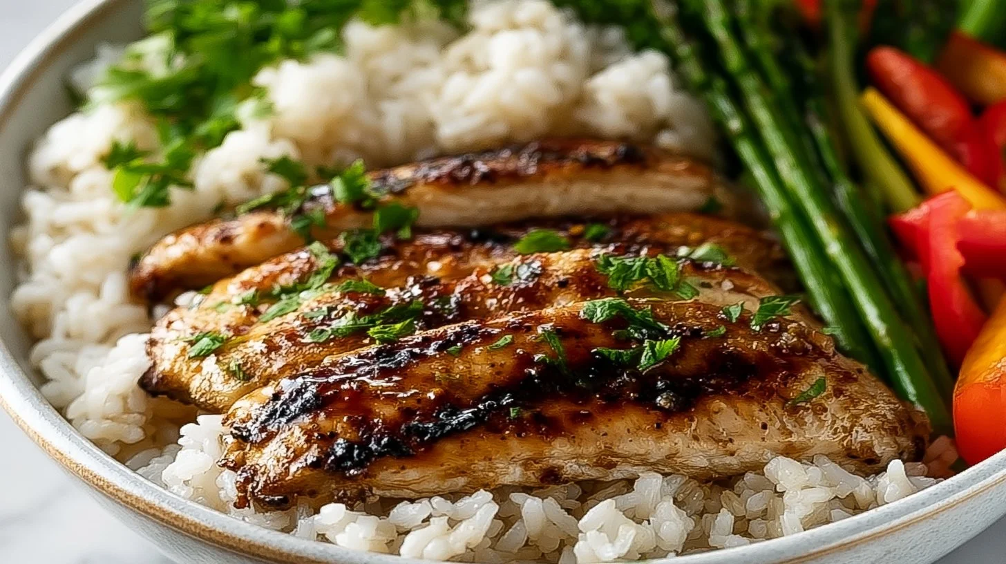 Delicious grilled chicken rice bowls for high protein meal prep.