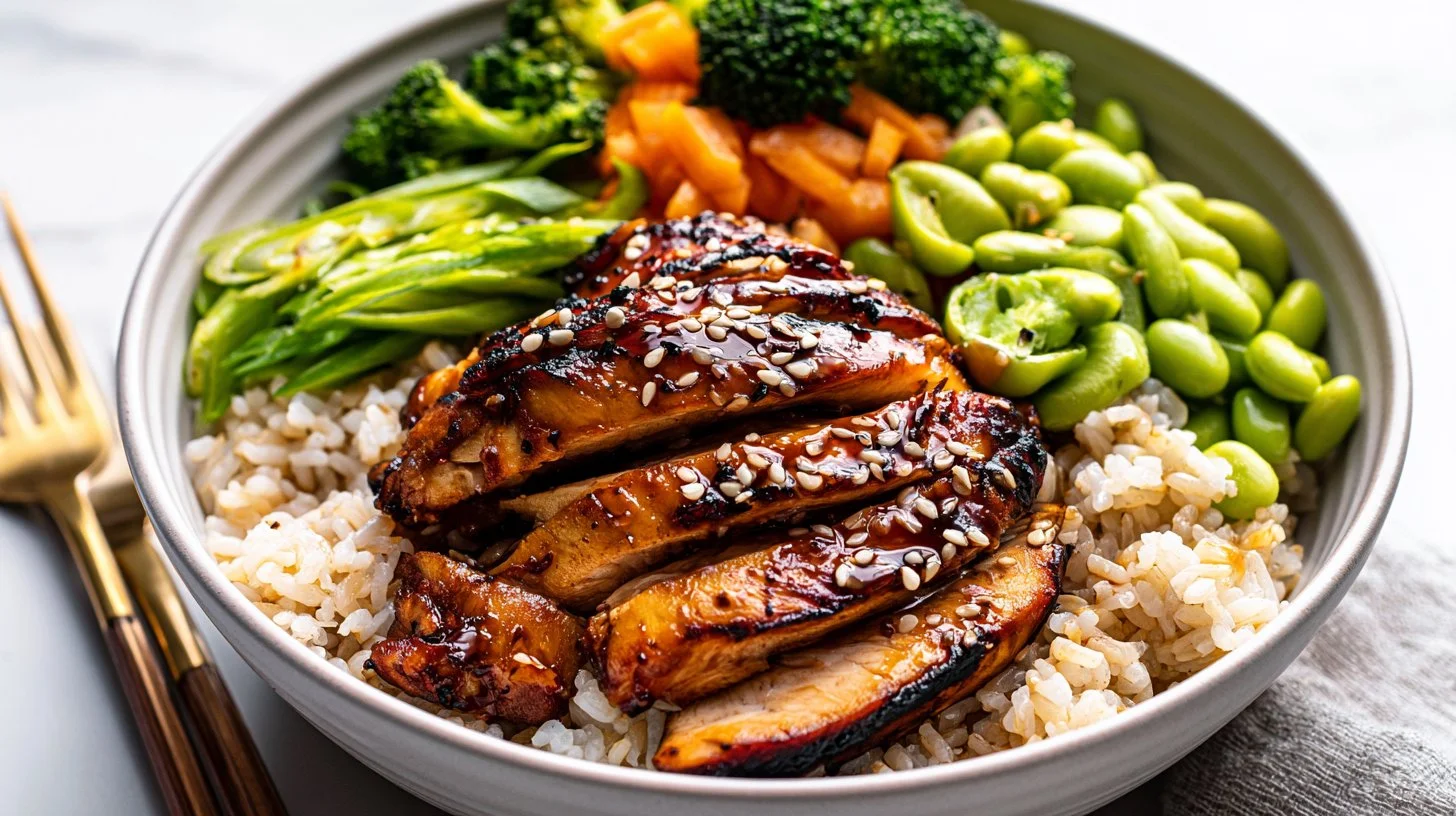Delicious grilled teriyaki chicken bowl with rice and vegetables