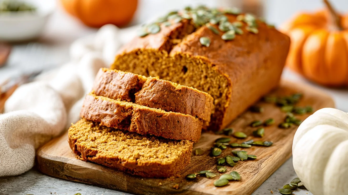 Healthy pumpkin bread loaf with spices and pumpkin seeds on a wooden table