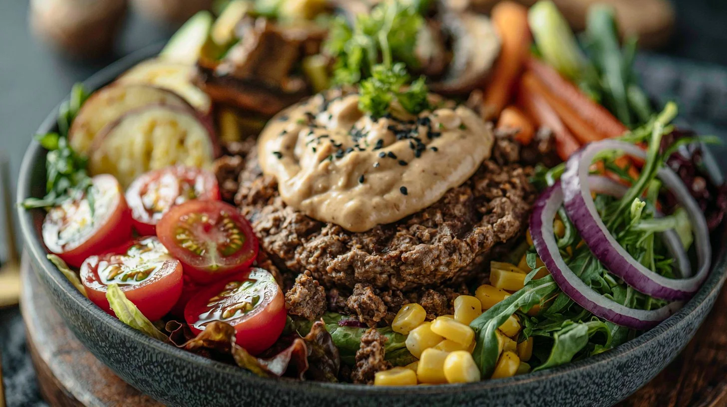 High protein burger bowls served with sauce, healthy meal option.