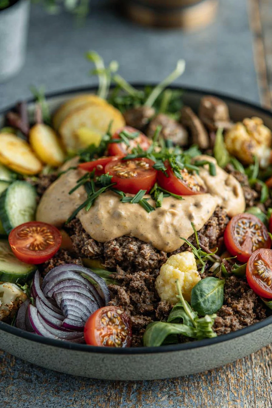High Protein Burger Bowls with Sauce