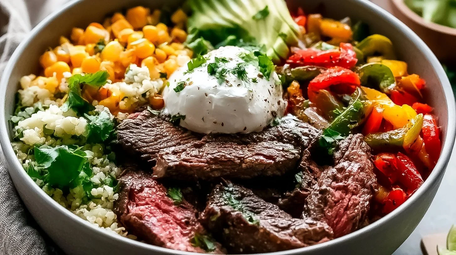 High protein low carb steak fajita bowl with colorful vegetables