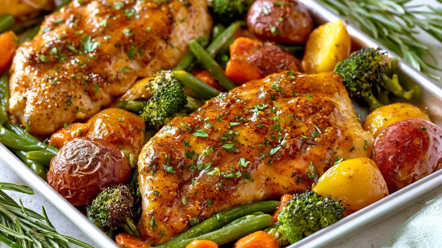 Honey mustard chicken with roasted vegetables on a sheet pan.