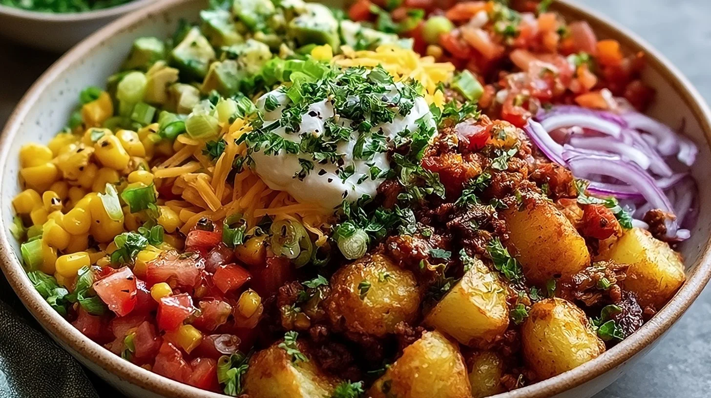 Loaded Potato Taco Bowl with toppings served in a vibrant dish