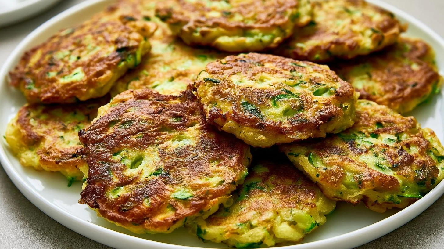 Delicious zucchini pancakes served on a plate, ideal for a quick weeknight meal.