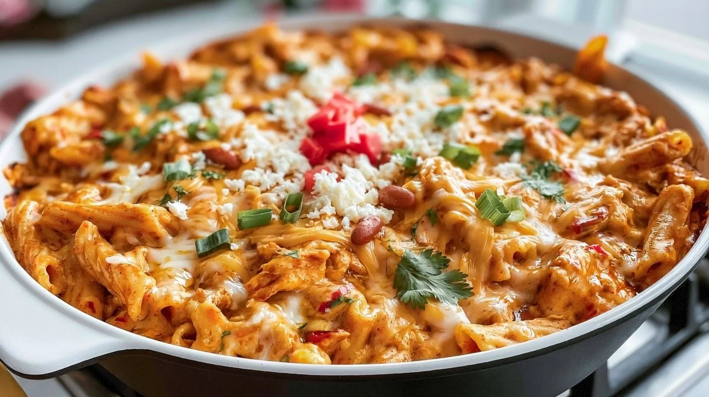 One Pan Chicken Enchilada Pasta dish with colorful ingredients