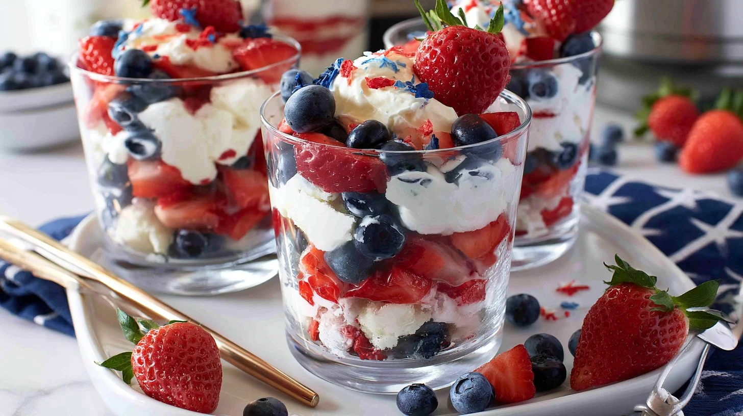 Delicious Patriotic Parfaits layered with strawberries, blueberries, and yogurt