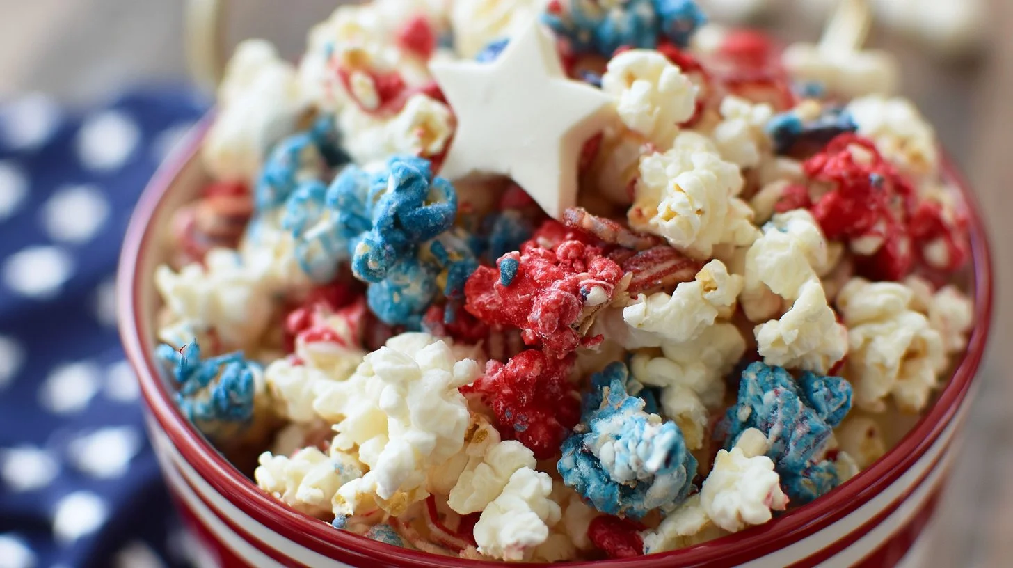 Colorful Patriotic Popcorn Mix in red, white, and blue for Independence Day.