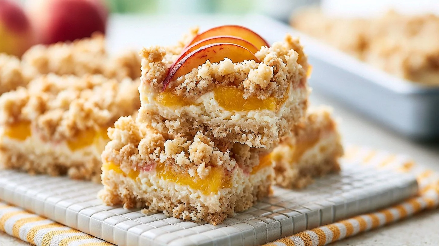 Delicious peach crumble cheesecake bars on a plate ready for dessert.