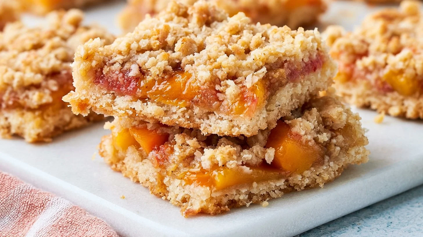 Freshly baked Peach Oatmeal Bars on a wooden table, showcasing vibrant fruit and oatmeal texture.
