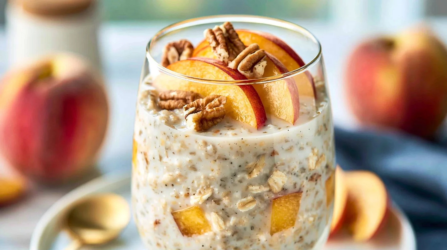 Bowl of Peach Overnight Oats topped with fresh peaches and almonds