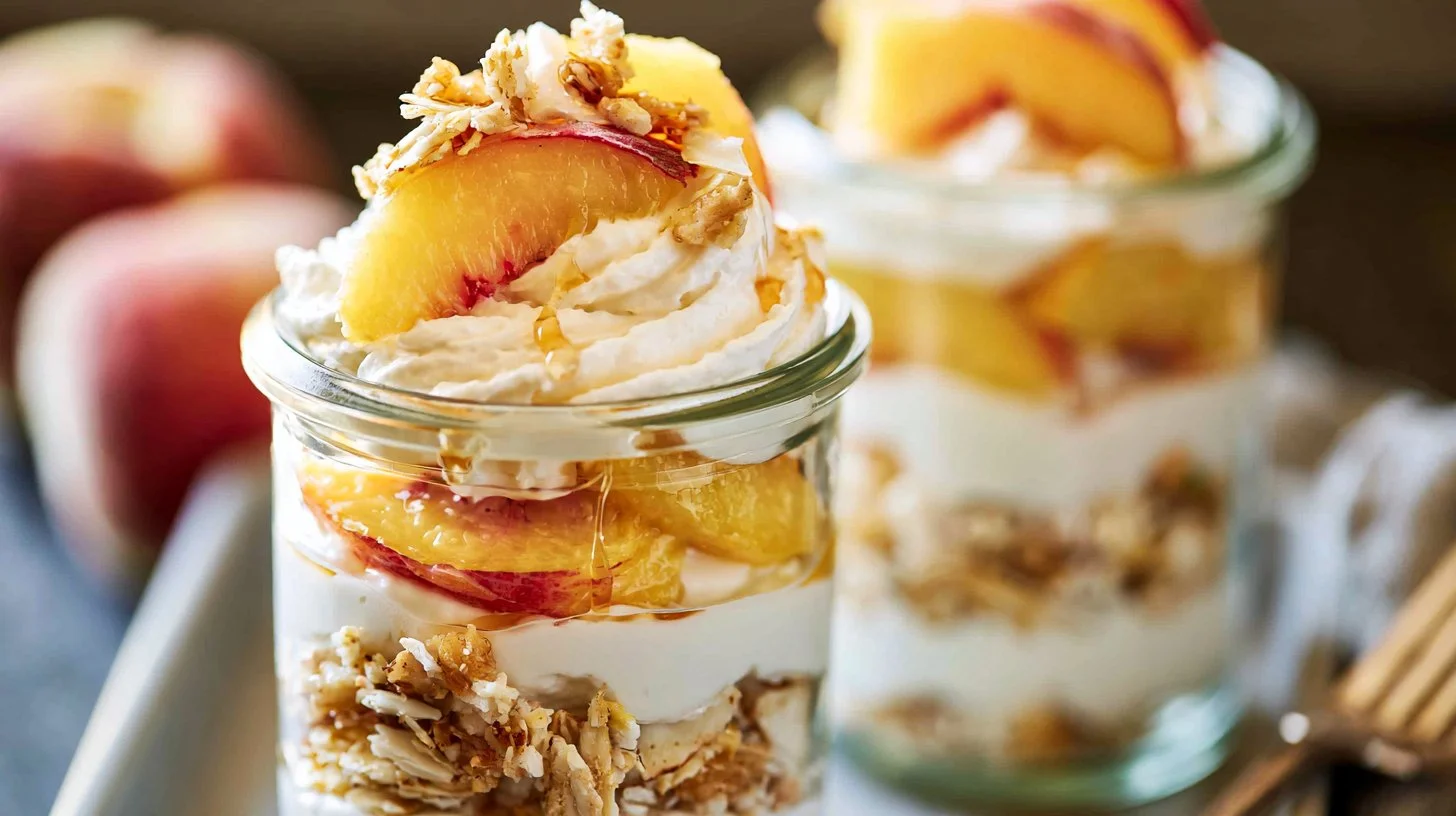 Layered peach parfaits with yogurt and granola
