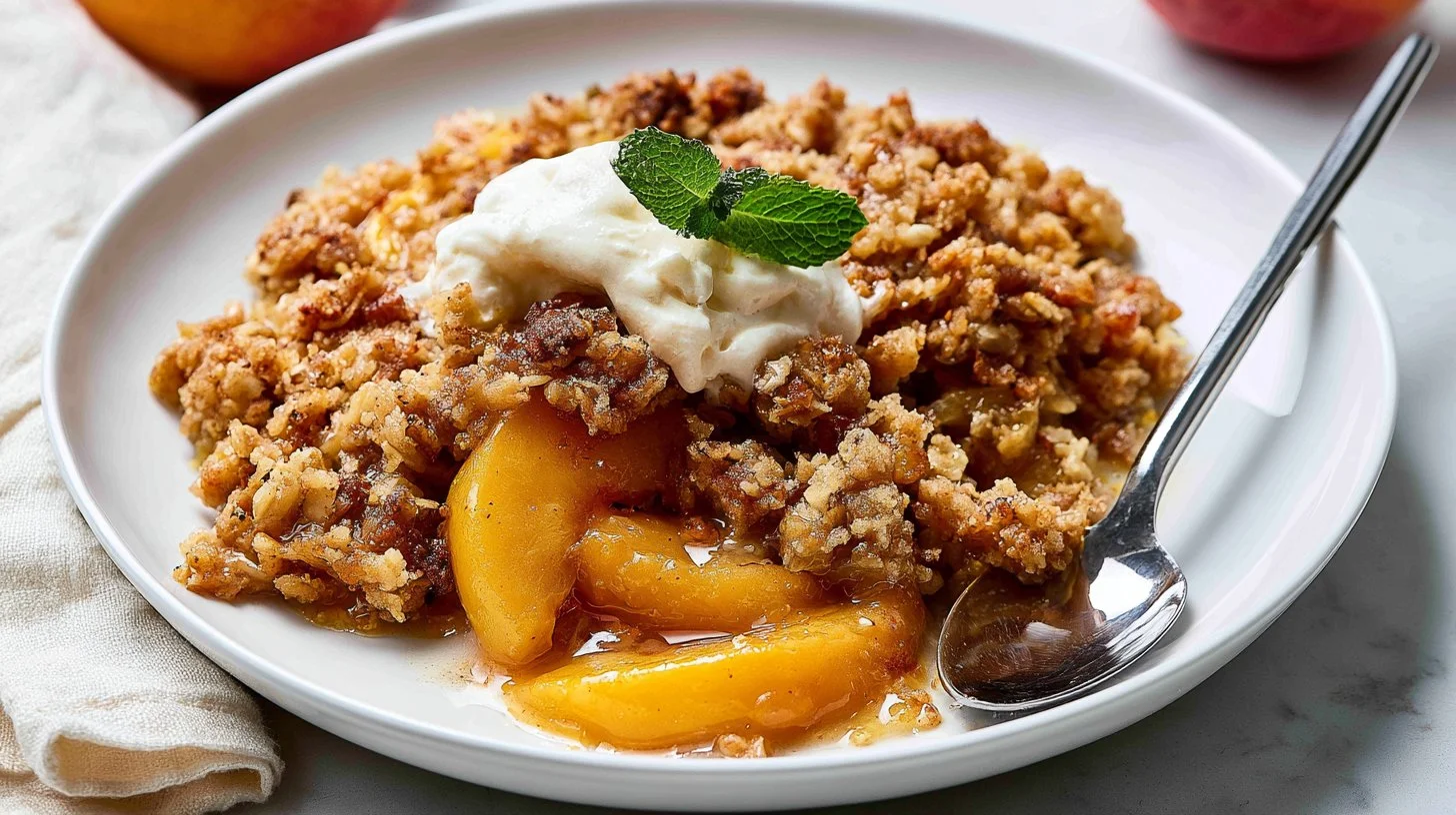 Delicious homemade peach crisp dessert served in a bowl