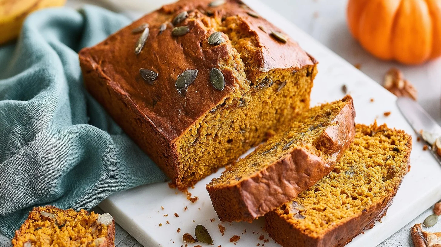 Loaf of delicious Pumpkin Banana Bread with walnuts and spices