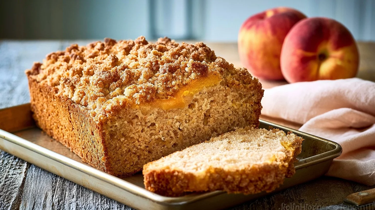 Slice of quick streusel peach bread topped with crumbly streusel
