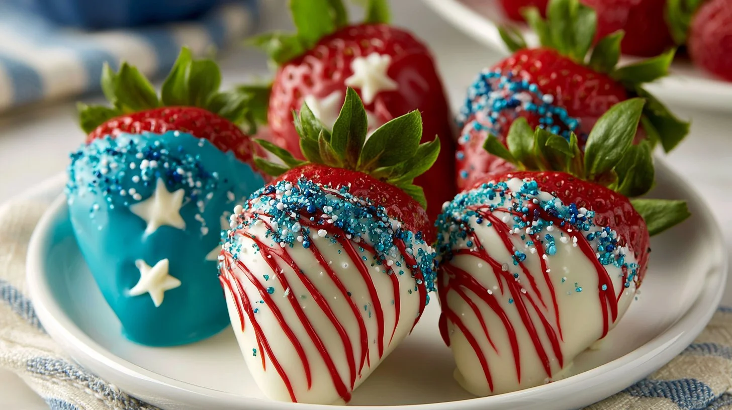 Festive red, white, and blue chocolate covered strawberries for celebrations